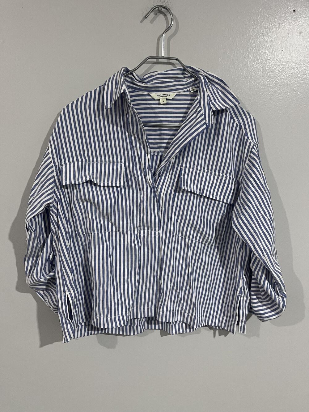 Max Studio Button-Up Womens S Blue Cropped Collared Roll Tab Long Sleeve Striped